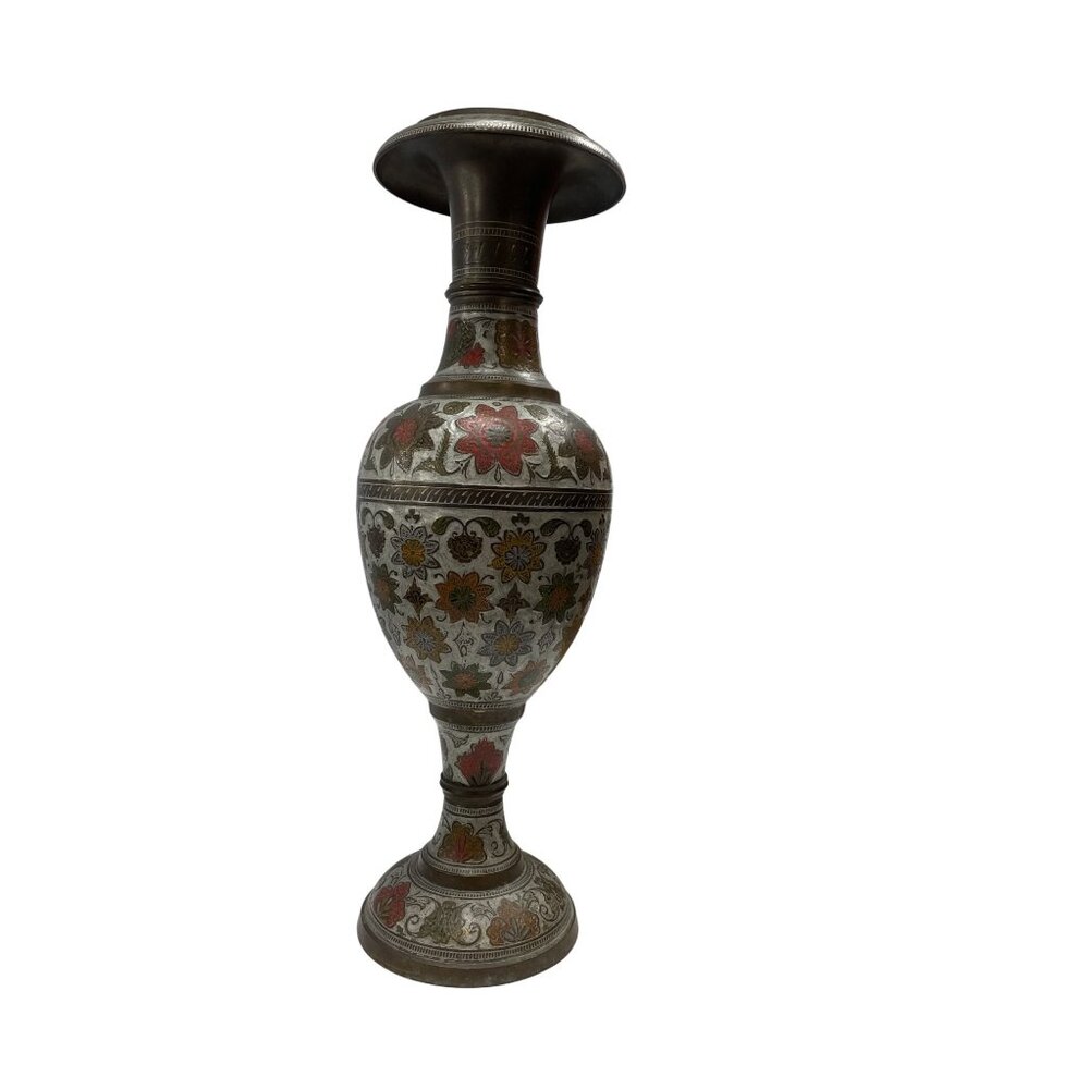 Handcrafted VTG India MeenaKari Floral Enamel Brass Vase 18.5" Tall SKU 9375